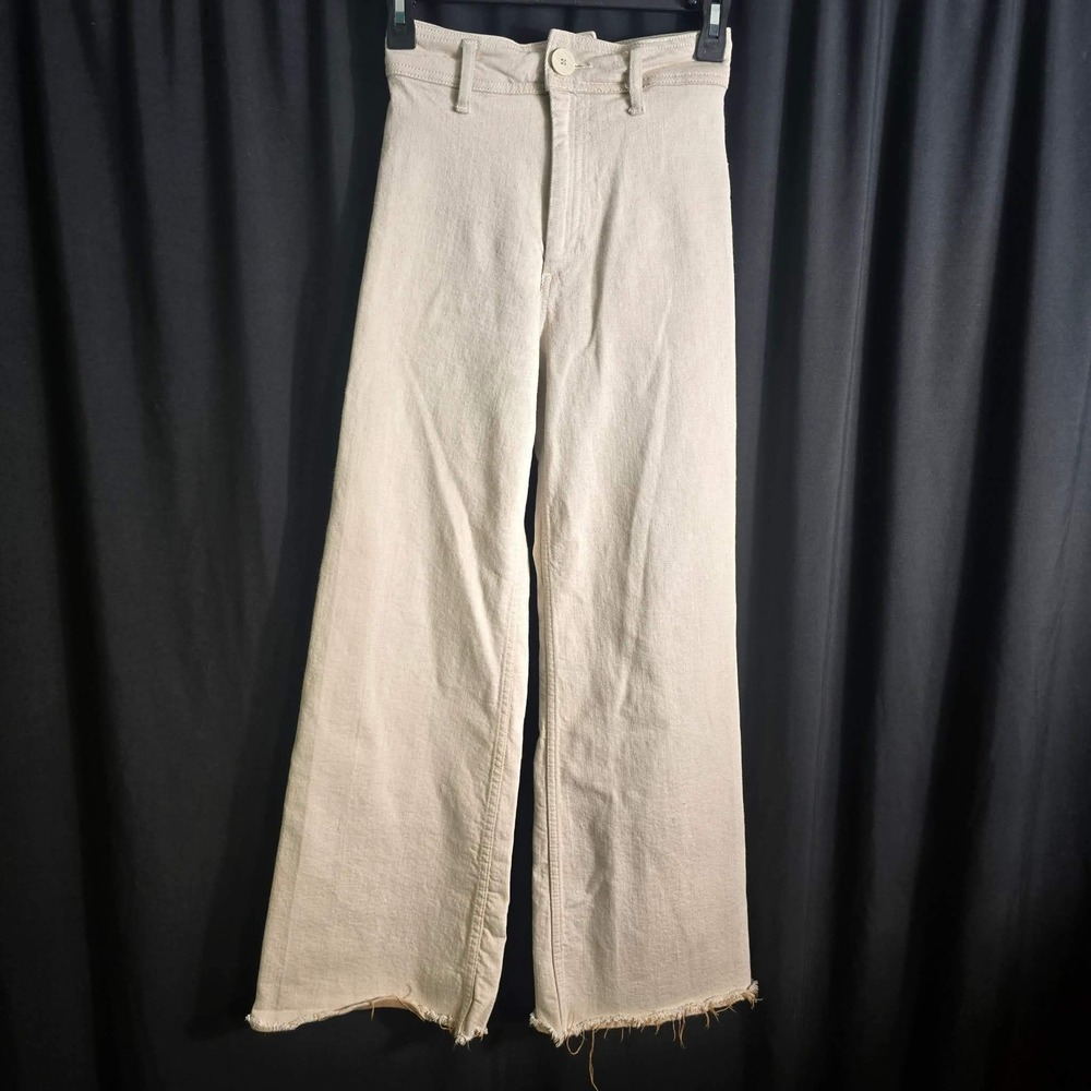 BOHO Womens High Rise Wide Leg Jeans Ecru Tan Raw Hem Size 2 24 Relaxed Fit